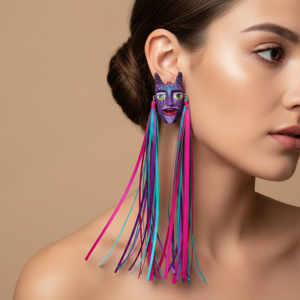 Cautivo Diablitos Earrings worn by a model, studio photo