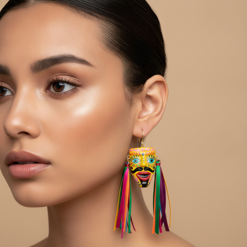 Cautivo Mascaras Danzantes Earrings worn by a model, studio photo