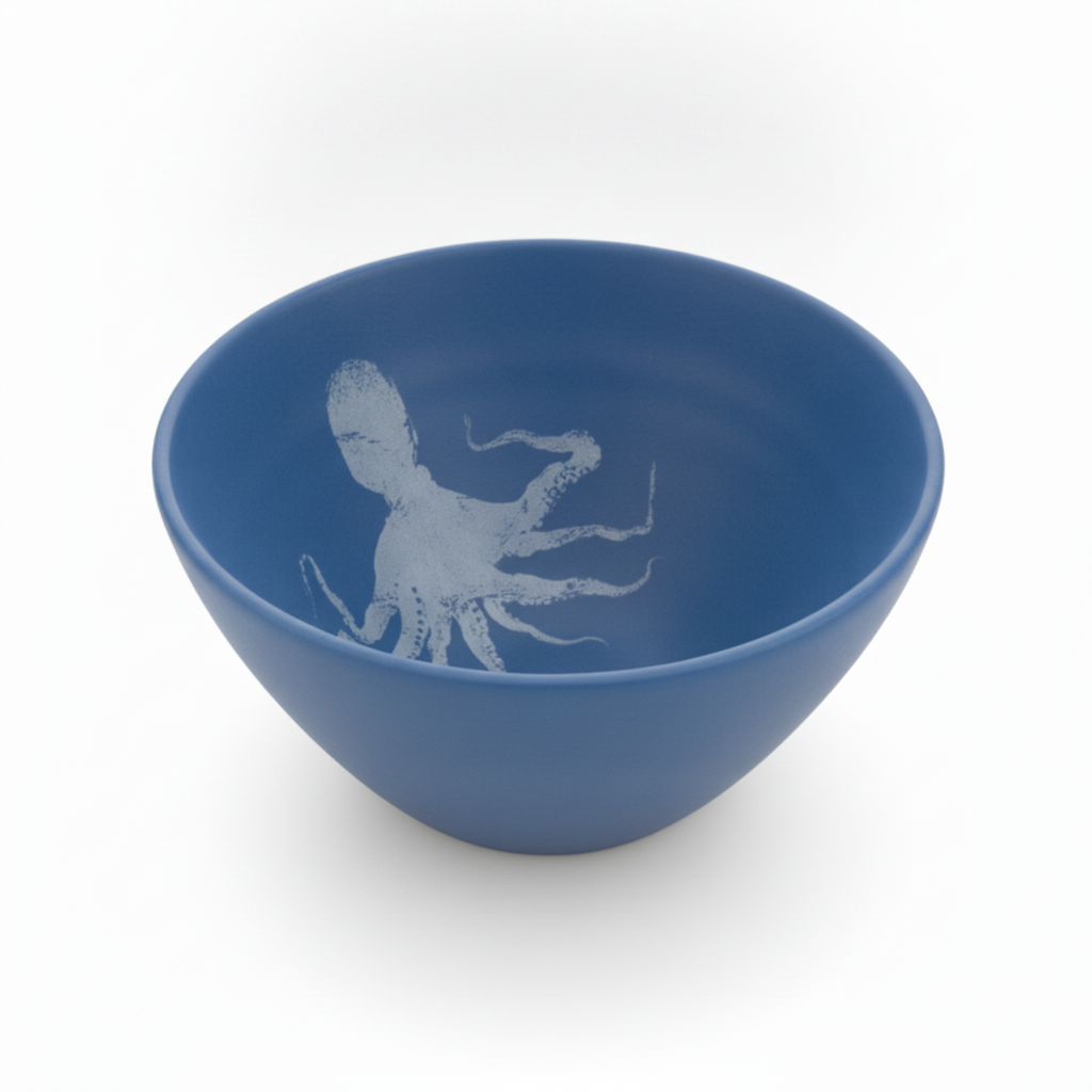 Damar Blue Bowl with white octopus, studio product photo