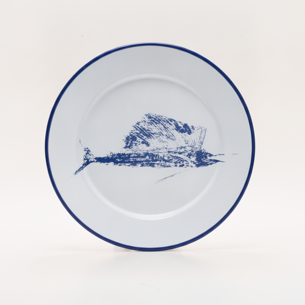 Damar Full Marlin Pewter Dinner Plate blue print, studio product photo