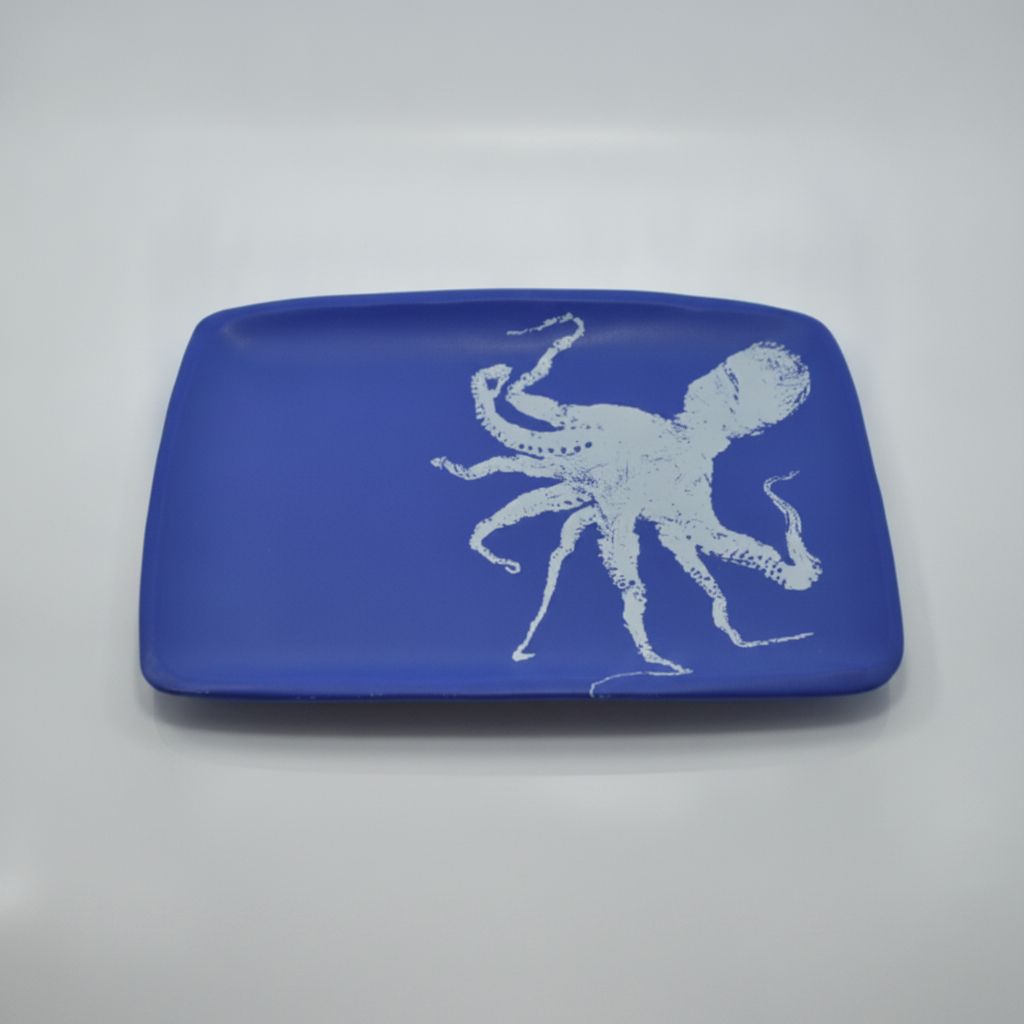 Damar Rectangular Blue Platter with white octopus, studio product photo